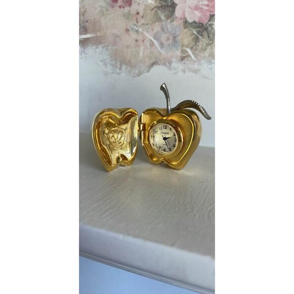 Timex Collectible Mini-Clock Gold Apple With Case | eBay Timex Gold Apple Mini Travel Clock